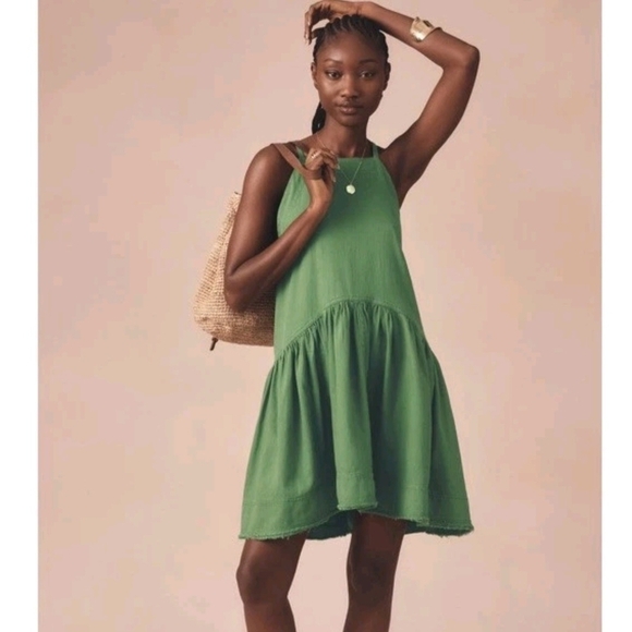 Pilcro Anthropologie Kayla Flounce Green Denim Drop Waist Mini Dress Sz M - Picture 3 of 13